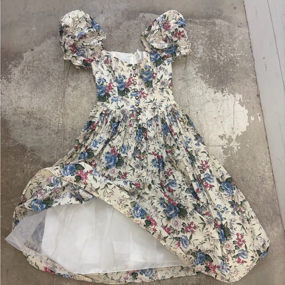 Vintage 1980s algo Floral Puff Sleeve Dress corset basque waist cottagecore maxi